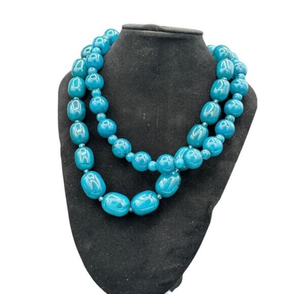 Blue & Teal Multi-Strand Necklace Set Chunky Beads Lightweight Jewelry Adjustabl - Picture 4 of 7